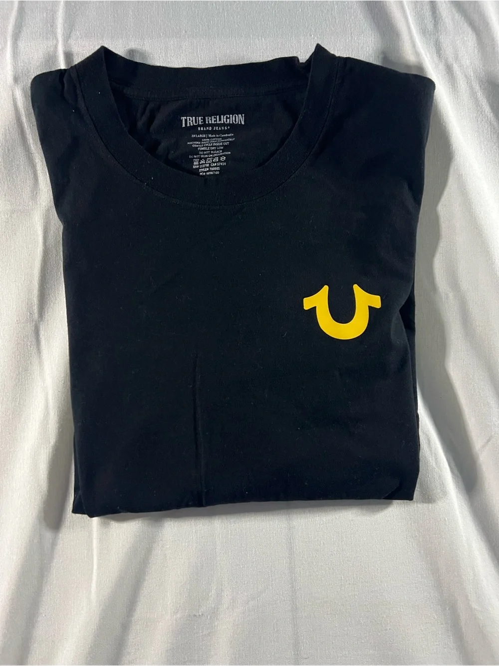 True Religion Black Tee with Yellow Logo Arch Graphic